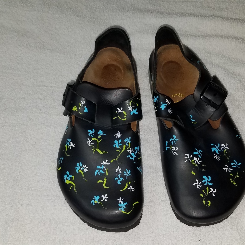 Birkenstock London black leather 39 painted flowers